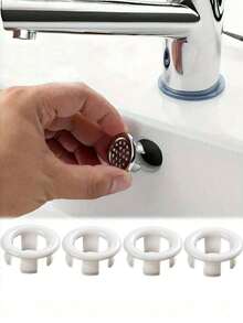 Plastic Bathroom Kitchen Basin Sink Overflow Cover Ring Insert Replacement, Chrome Hole Round Drain Cap, Basin Accessory Sink Basin Trim Overflow Cover Insert In Mesh Hole Round Caps Silver Tone