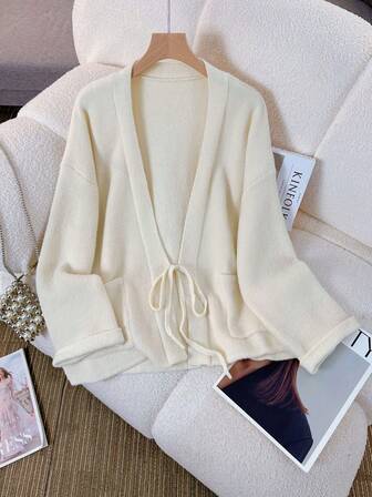 Plus Size Women's Solid-Color Long-Sleeved Front-Lace-Up Casual Cardigan Versatile Coat [Back-To-School Season]