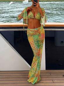 Bohemian Style Chiffon Printed Romantic Sexy Beachwear 4-Piece Set: Swimsuit, Cover-Up, Skirt