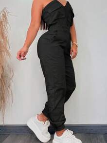 Black 2025 New Women's Commuting Elastic Waist Loose Casual Elegant Pocket Y2K Street Work Pants Suit Jumpsuit, Airport Wear, Clubs, Birthday Parties, Halloween, New Year, Thanksgiving, Going Out, Beach, Vacation, Country Concert Outfit, Teacher, Spring, Summer And Autumn