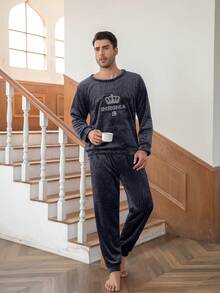 Bộ đồ ngủ nam đơn giản, bộ đồ ngủ bằng vải flannel ấm áp gồm áo dài tay rộng và quần rộng, thích hợp cho mùa thu/đông. - Màu xám đen - Xem 3