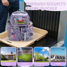 Clear PVC Backpack For School – Heavy Duty Transparent Bookbag With Front Pocket And Keychain - Purple - View 8
