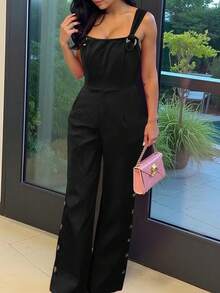 夏季新款休闲风系带可调节肩带左右开衩无袖连体裤