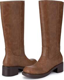 Women's Knee High Square Toe Chunky Block Riding Boots, Low Heel, 2025 Fashion - 棕色 - 查看 5