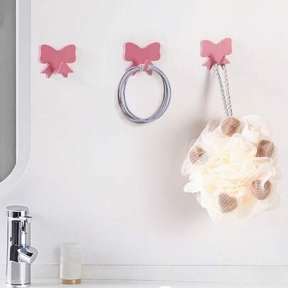 6PCS/Set Bow Storage Hooks, 1.6 Inch, Pink, Adhesive Hooks, Hang Bath Balls, Hand Towels, Suitable For Baby Rooms, Bathrooms, And Home Stuff