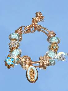 1pc Religious Virgin Mary Charm Bracelet, 1pc Religious Crescent Moon Bracelet, 1pc Fashionable Blue Sakura DIY Bracelet, 1pc Fashionable Heart Tree Of Life Bracelet - Gold - View 2