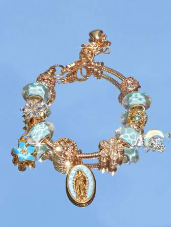 1 件宗教圣母玛利亚手链、1 件宗教新月手链、1 件时尚蓝色樱花 DIY 手链、1 件时尚心形生命之树手链