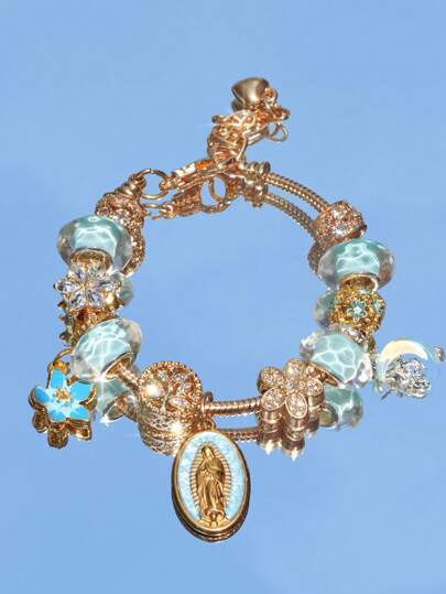 1 st religiöst Jungfru Maria-berlockarmband, 1 st religiöst halvmånearmband, 1 st trendigt blått Sakura-gör-det-själv-armband, 1 st trendigt hjärtarmband med livets träd