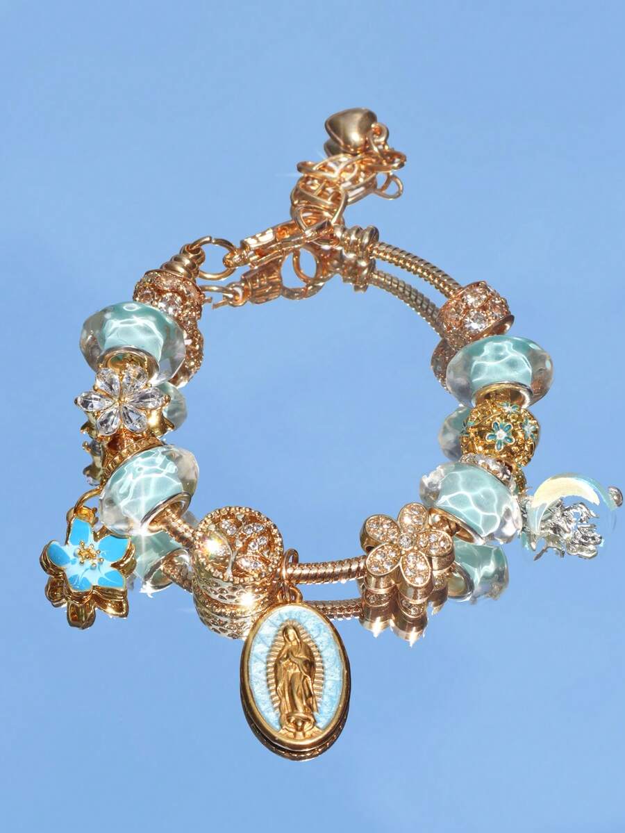 1pc Religious Virgin Mary Charm Bracelet, 1pc Religious Crescent Moon Bracelet, 1pc Fashionable Blue Sakura DIY Bracelet, 1pc Fashionable Heart Tree Of Life Bracelet