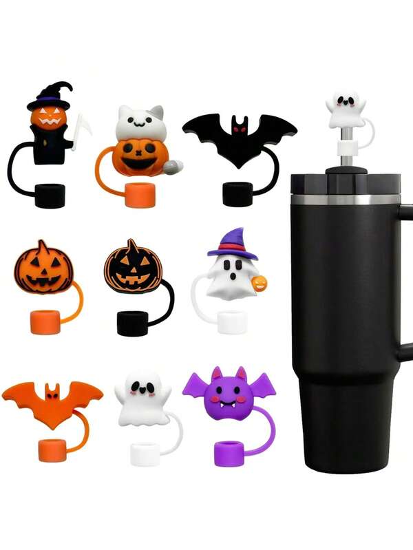 Halloween Pumpkin Head Cat Straw Dust Cover Washable And Reusable Halloween Gift For Family And Friends Suitable For Outdoor Water Cups And Sports Water Cups Straws Ideal For Straw Dust Prevention,Cute Ghost, Bat, Witch Hat And Pumpkin Designs ,Kitchen,Christmas Gift,School Supplies