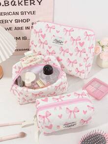 1 Bolsa de Cosméticos Grande com Estampa de Coração Rosa e Laço Acolchoada, Bolsa de Toucador Portátil com Zíper, Bolsa de Armazenamento de Maquiagem Pode Guardar Batom, Pincéis, Produtos de Cuidados com a Pele, Telefones Celulares, Moedas, Pequenos Itens, Adequada para Uso Doméstico, Viagem, Cruzeiro, Férias e Escola, Presentes de Dama de Honra de Casamento, Presentes de Aniversário, Presentes de Festival, Essenciais de Outono Universitários, Bolsa de Viagem de Férias para Mulheres, Bolsa de Maquiagem, Organizador de Maquiagem