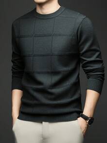 男士圆领商务休闲套头针织衫，适合秋冬季节，长袖上衣 - 墨綠色 - 查看 3