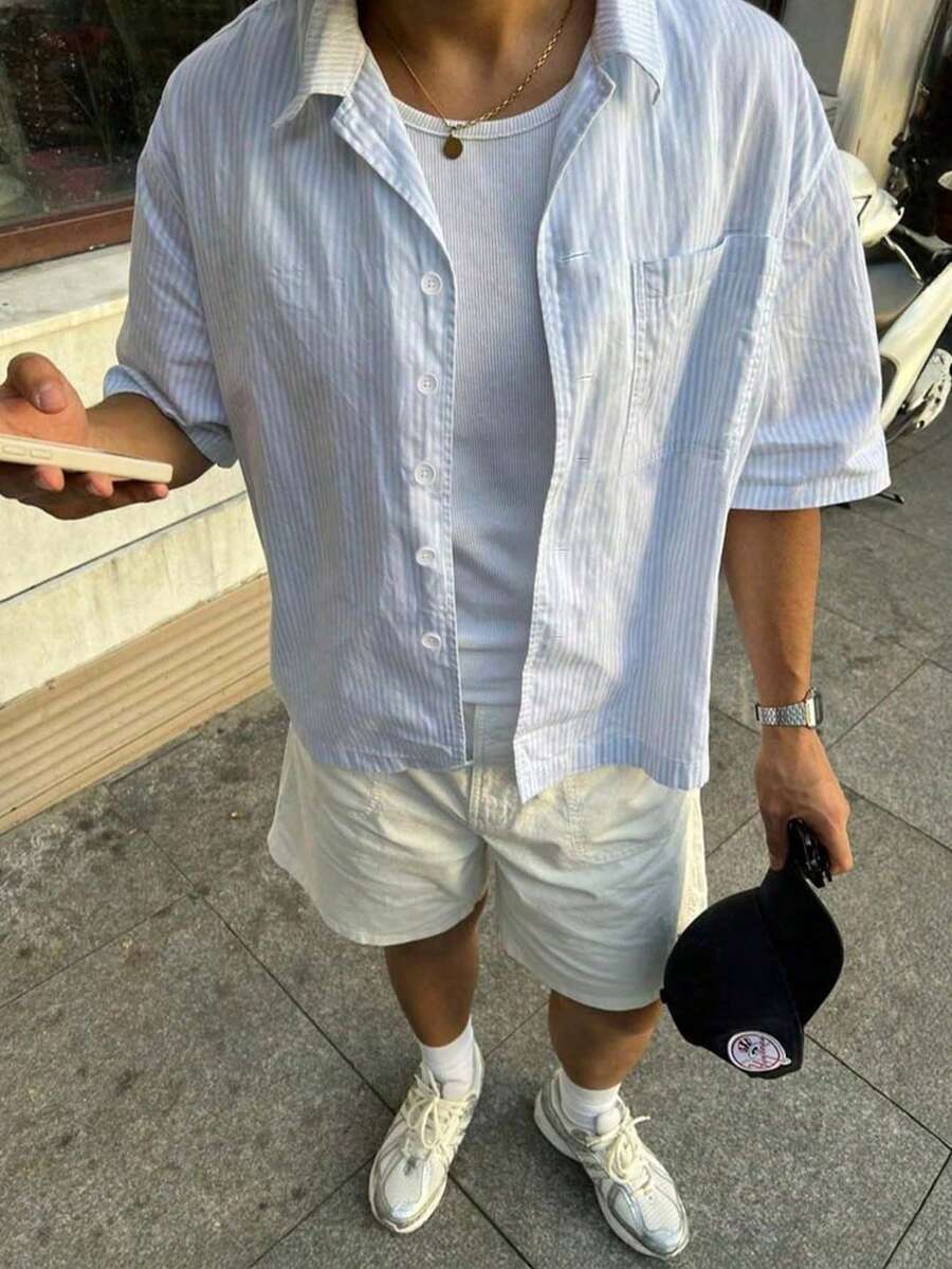 Men Striped Drop Shoulder Short Sleeve Single-Breasted Casual Summer Shirt - Multicolor - View 1