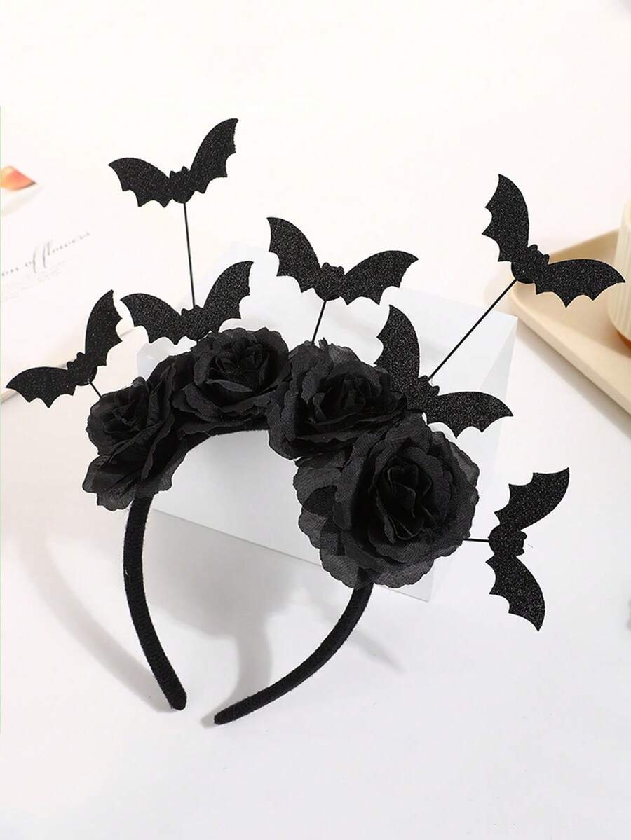 1Pc Halloween Party Headband - Black Fake Flower Cute Devil Headband, Gothic Bat, Party Dress Up Creative Spider Web Ball Headband, Ghost Festival Decoration Prop, Women's Dark Color Role Playing Accessory, Hairband For Women, Home Beauty Women Accessory Gifts, Hair Hoop