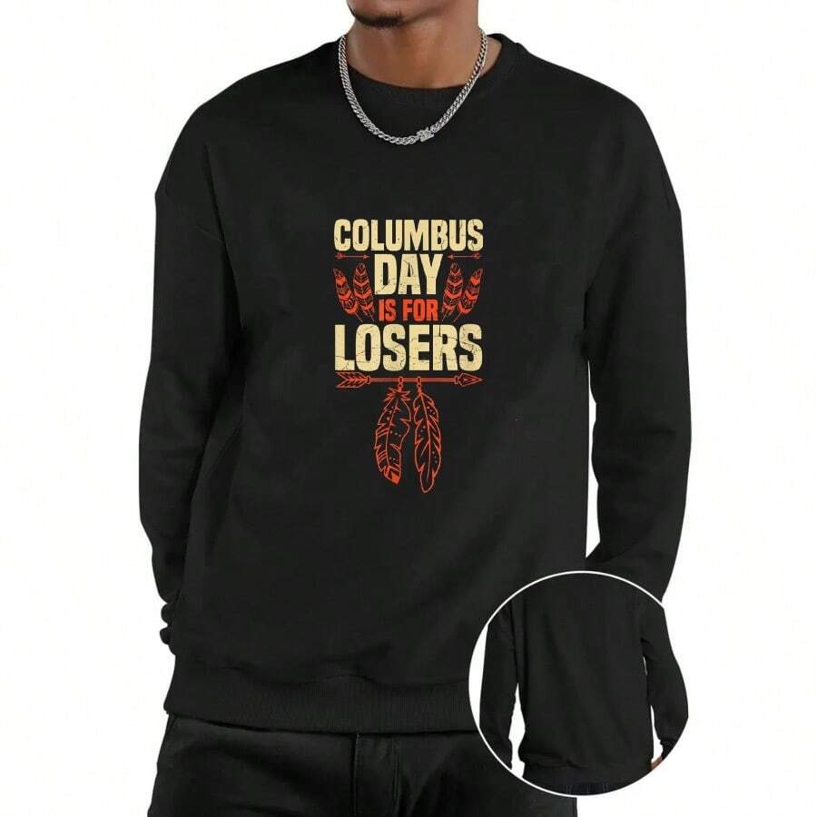 Men'S Black Hoodie With "Columbus Day Is For Losers" Graphic - Bold Orange & White Print, High-Stretch Polyester, Casual Crew Neck, Perfect For Casual Attire, Everyday Comfort Apparel | Bold Graphic Hoodie | Comfortable Fit Hoodie