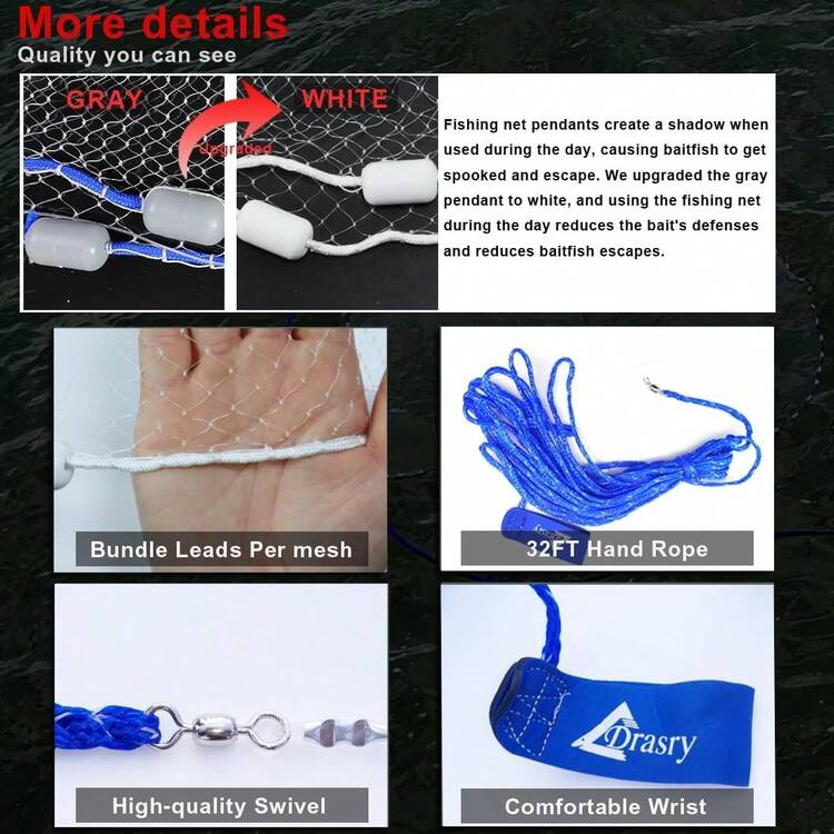 Saltwater Fishing Cast Net 3/8 And 1/4 Mesh With Heavy Duty Gray Sinker Monofilament Fish Throw Net Bait Trap 3FT 4FT 5FT 6FT 7FT 8FT 9FT Radius - 3/8 目 1 磅/英尺 - 查看 10