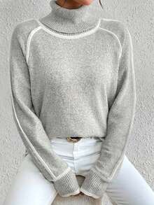 女士休闲高领宽松针织长袖毛衣，秋季服装