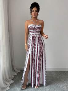 Bộ jumpsuit nữ kiểu dáng thanh lịch, hở lưng, buộc dây, phong cách Bohemian, phù hợp cho đi biển, nghỉ mát, du lịch, mùa hè và mùa tựu trường. - Đỏ và trắng - Xem 6