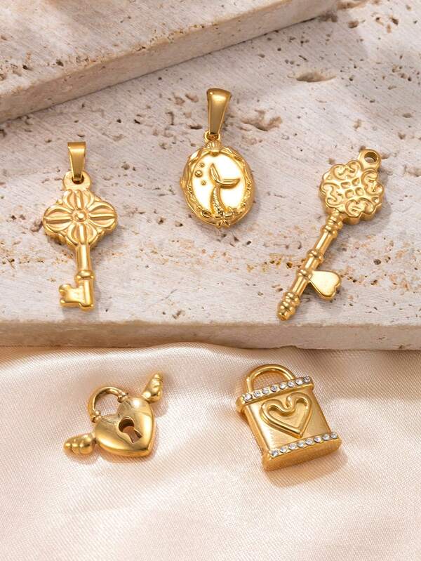 5 piezas de colgante con estilo bohemio de color dorado, colgante de acero inoxidable con candado y llave, accesorios de joyería DIY adecuados para collares o pulseras