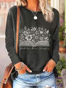 Camiseta de manga larga con cuello redondo de talla grande para mujer, camiseta gráfica con flores y libros, camiseta para amantes de los libros, uso diario de otoño para mujer