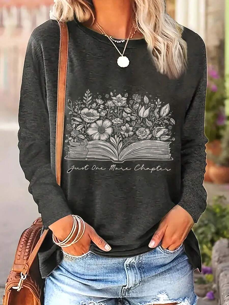 Camiseta de manga larga con cuello redondo de talla grande para mujer, camiseta gráfica con flores y libros, camiseta para amantes de los libros, uso diario de otoño para mujer