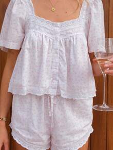 Women Y2k Lace Trim Shirt Babydoll Short Sleeve Ruffle Hem Flowy T Shirts Summer Boho Tops  Going Out Tops Streetwear - 淺粉色 - 查看 7