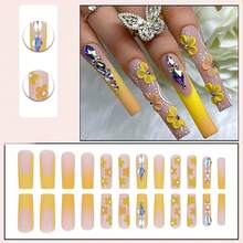 Orange French Fake Nails With Rhinestones - Square Design, Glue On, Fall Nail Press Ons, Stick On Nails, 24 Pcs For Women - 長款-C5C9 - 查看 6