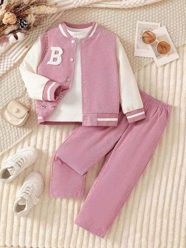 Girls Letter Embroidery Corduroy Long Sleeve Baseball Jacket + Pants Set, Fashionable & Comfortable Casual Outfit For Spring & Autumn
