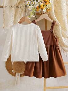 Girls Round Neck Solid Color Long Sleeve Top + 3D Knitted Flower Corduroy Suspender Skirt Casual Outfit, Spring/Autumn - Brown - View 4