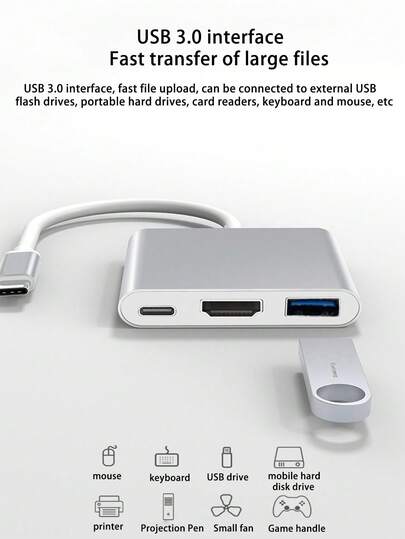 Adaptador Multiport HUB 3 en 1 TYPE-C a HDTV, Hub Tipo-C Thunderbolt 3 a Salida HDTV 4K, Puerto USB 3.0 y Puerto de Carga USB-C, Adaptador AV Digital para MacBook Pro/Air, Galaxy S8/S9, Laptop ¡Cargador USB Divisor!