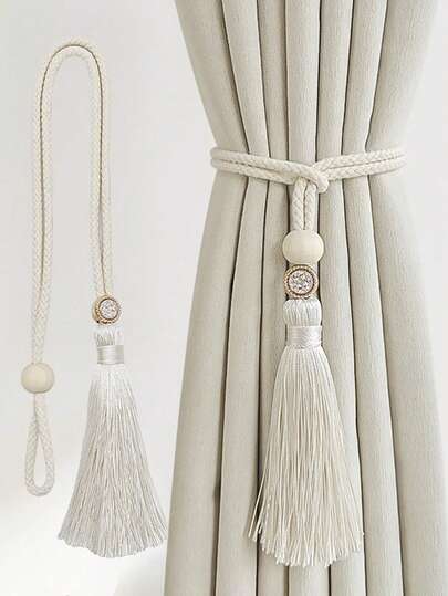 1pc/2pcs Bohemian Style Curtain Tieback Rope Accessories With Wooden Beads And Tassels, Home Decor Suitable For Living Room, Bedroom, Kitchen, Back To School, School Supplies, Dorm Decor, College Decor