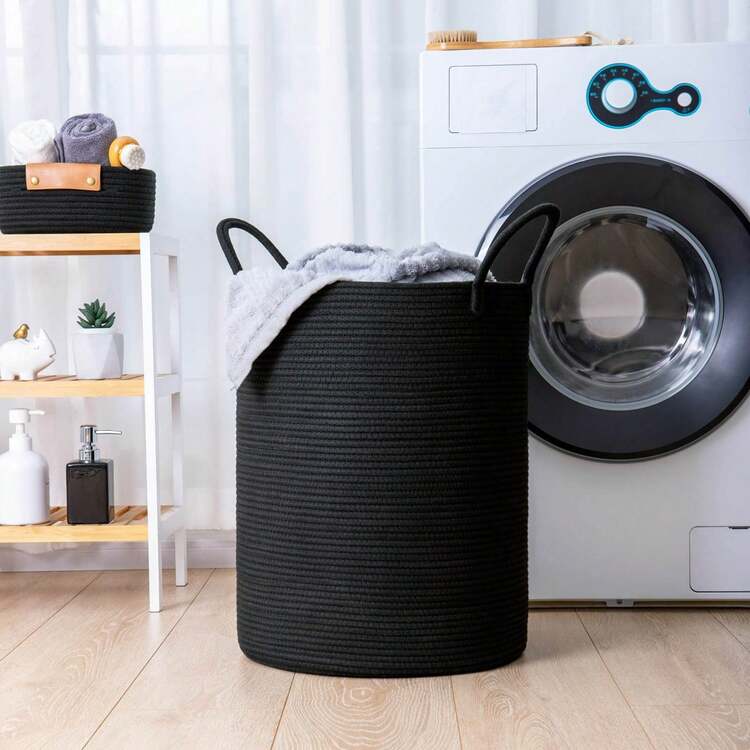Multi-Purpose Tall Rope Laundry Basket – Woven Design For Towels, Dirty Clothes, Toys & Blankets – Suitable For Living Room, Bathroom & Laundry Room Use - Black - View 5