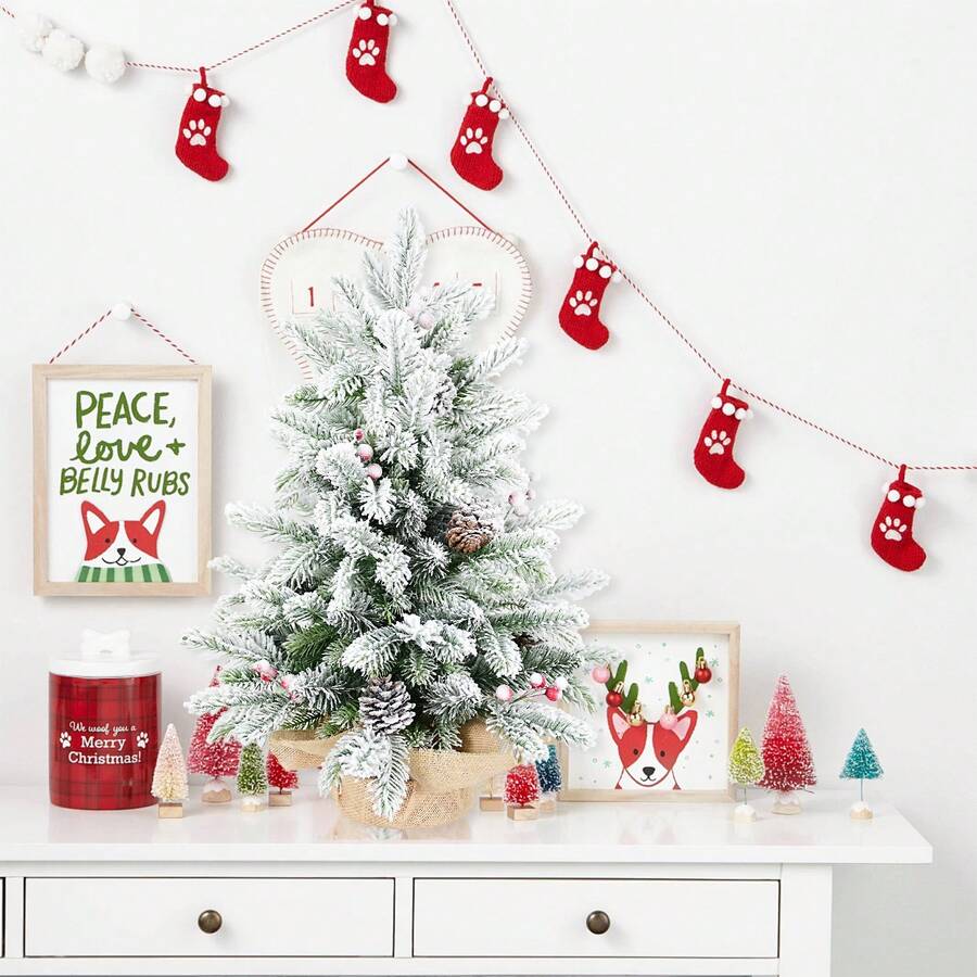 3ft PE/PVC Decorative Flocked Jute Tabletop Tree With Red Fruit And Pine Cone Decorations. The Burlap-Wrapped Base Features Realistic Leaves And A Foldable Design For Easy Installation. Suitable For Bedrooms, Living Room Entryways, Schools, And Offices.