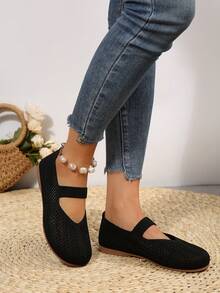 2025年秋季女士四季针织玛丽珍平底鞋，纯色一脚蹬圆头鞋，织物鞋面和衬里，橡胶鞋底，可机洗 - 黑色 - 查看 7