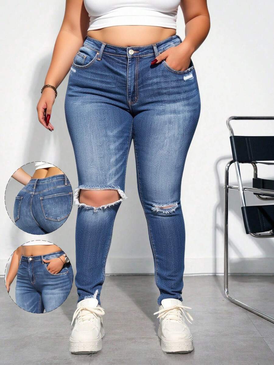 Jeans azules informales de talla grande, ajustados, elásticos y rotos, Pantalones vaqueros azules con rasgados y elásticos, atuendo casual y sexy de talla grande, ropa de vuelta al colegio, ropa de mujer para otoño