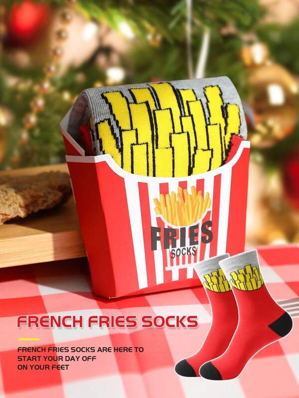 1 Par de Calcetines con Diseño de Papas Fritas en Caja de Regalo, Nuevos Calcetines de Tripulación Unisex Otoño/Invierno 2025, Diseño Inspirado en Comida Creativa, Tejido de Punto, Suaves y Cómodos, Perfectos para Cumpleaños, Fiestas, Acción de Gracias, Halloween, Navidad, Reuniones Familiares, Calcetines Casuales de Moda y Divertidos para Todas las Estaciones, Gran Regalo para Vacaciones, Deportes al Aire Libre, Entrenamiento en el Gimnasio