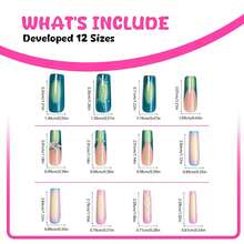 Long Square Press On Nails Green Ombre French Fake Nails Pink Ombre False Nails With 3D Star Designs Long Square Nail Press Ons Sparkly Glue On Nails Cute Stick On Nails For Women 24Pcs - 長款-C5C24 - 查看 7