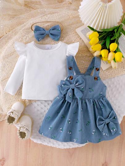 3 قطع/مجموعة للأطفال البنات فساتين أكمام بلا أكمام بتصميم زهور صغيرة وربطة شعر كبيرة مع تي شيرت أكمام طويلة أنيقة - تصميم رسمي عصري