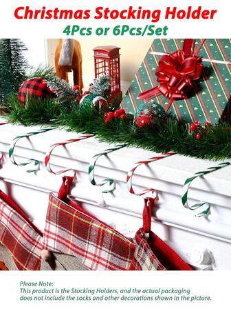 4Pcs, 6Pcs /Set Christmas Stocking Holder For Mantle - Green And White Style Adjustable Xmas Stocking Hangers - Exquisite Quality, Reliable And Sturdy - With Anti-Scratch Mats - For Fireplace, Metal Weighted Mantle Garland Clips Hook And Extra Thick/Large/Flat/Square/Brick/Wood Mantle, As Christmas Gift And Decoration
