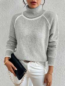 女士休闲高领宽松针织长袖毛衣，秋季服装