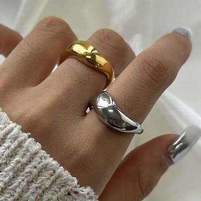 1 chiếc nhẫn đồng mạ vàng 18K, hình dáng cong bất đối xứng, kiểu cổ điển, cỡ 6/7/8, trang sức đeo nhiều ngón theo phong cách tối giản thanh lịch.