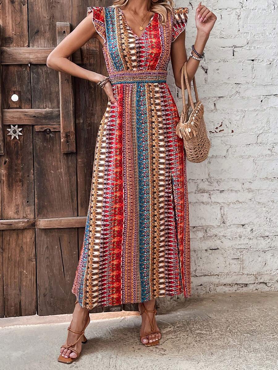 Women Summer Side Split Dress Flying Sleeve V Neck Pattern Print Dress For Party Club - 紅色 - 查看 1