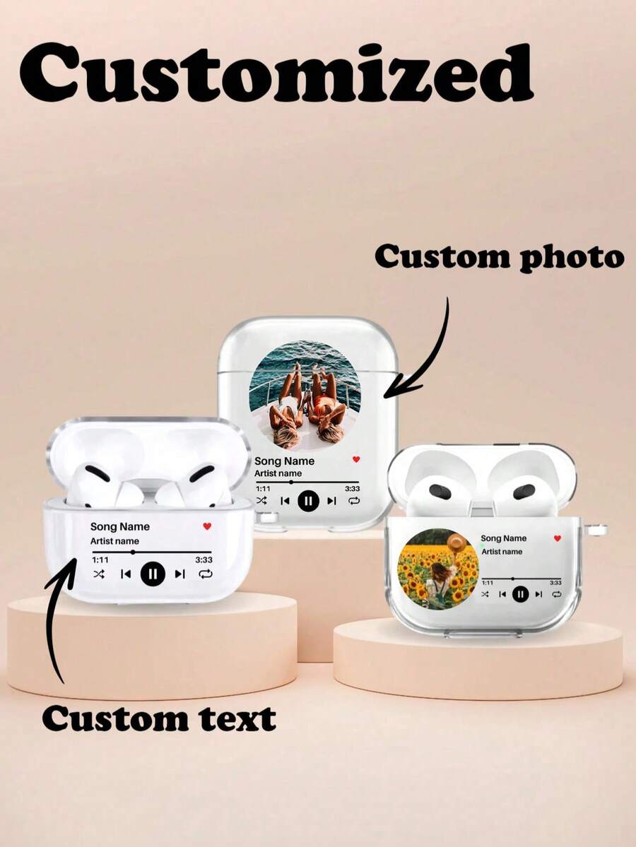 1pc Customized Bluetooth Transparent Earphone Case, Customizable Music Player With Song Title, Artist Name And Photo Personalization, Fashionable Soft TPU Earphone Box With Cute Text Design, Compatible With AirPods 1/2/3/4/Pro/Pro2 - Clear - View 1