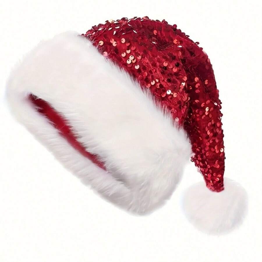 Christmas Sequin Santa Hat - Double Layer Shimmery Polyester Beanie Cap With Plush Trim, Inelastic, Handwash Only, Knitted Craftsmanship, No Feathers, Festive Holiday Headwear For Adults - 紅色 - 查看 1