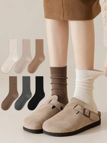 1/6 Pairs Women Melon Color Solid Simple Fashion Versatile Comfortable Soft Fleece Lined Mid-Calf Socks, Suitable For Casual Daily Wear