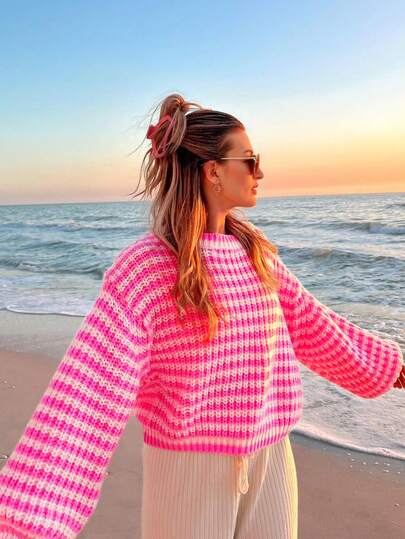Women's Loose Knit Crew Neck Long Sleeve Pullover Striped Sweater, Autumn/Winter