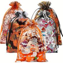 25/50/100pcs/Set, Party Drawstring Gift Bags, Halloween Trick Or Treat Bags, 4x6in Drawstring Tulle Gift Bags, Small Gift Bags For Party Gifts (Pumpkin, Spider Web, Skull, Bat), Event And Party Supplies, Party Gift Boxes And Gift Bags, Party Favors, Trick Or Treat Gift Mesh Drawstring Gift Bags