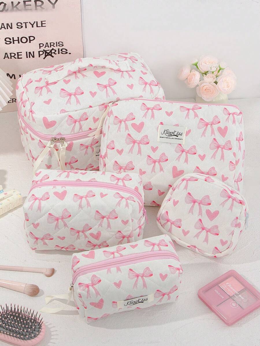 1 Bolsa de Cosméticos Grande com Estampa de Coração Rosa e Laço Acolchoada, Bolsa de Toucador Portátil com Zíper, Bolsa de Armazenamento de Maquiagem Pode Guardar Batom, Pincéis, Produtos de Cuidados com a Pele, Telefones Celulares, Moedas, Pequenos Itens, Adequada para Uso Doméstico, Viagem, Cruzeiro, Férias e Escola, Presentes de Dama de Honra de Casamento, Presentes de Aniversário, Presentes de Festival, Essenciais de Outono Universitários, Bolsa de Viagem de Férias para Mulheres, Bolsa de Maquiagem, Organizador de Maquiagem