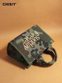 Vintage Handmade Embroidered Letter Camo Print Large Capacity Women Top Handle Zipper Handbag Shoulder Crossbody Bag, Suitable For Outdoor, Fitness, Travel, Overnight, Backpack, Youth, Street, Camo, Fashion, Personalized, Cool, Y2K - 軍綠色 - 查看 3