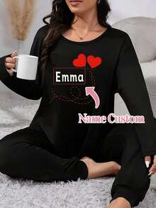 Plus-Size Women's Heart Name Custom Print Round Neck Warm Long Sleeve Top Loungewear, Fall, Cozy Outfits